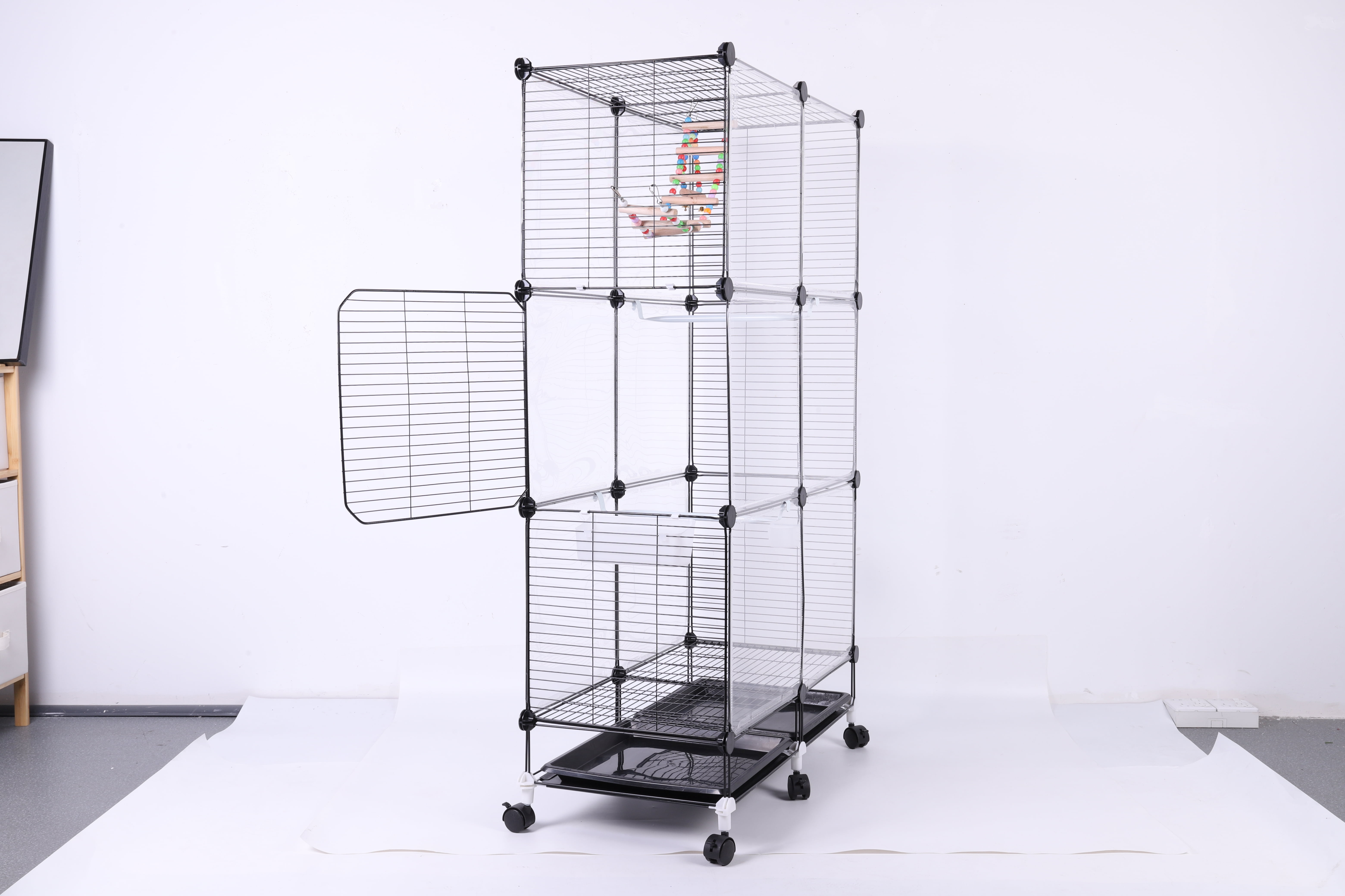 golytefs Bird Cage Universal Wheel Metal Parrot Cage with Stand Tray Swing Ladder (Black)