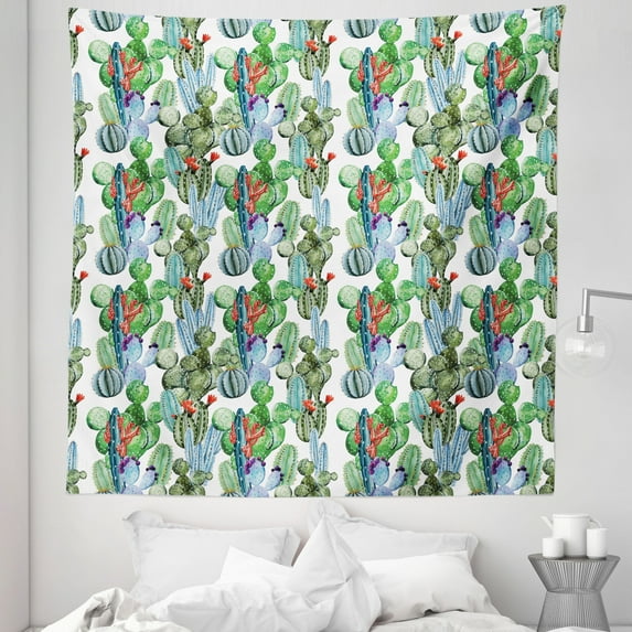 Cactus Tapestry, Hawaiian Summer Inspired Pattern Blossoms with Botany Theme Watercolors Tropics, Fabric Wall Hanging Decor for Bedroom Living Room Dorm, 5 Sizes, Multicolor, by Ambesonne