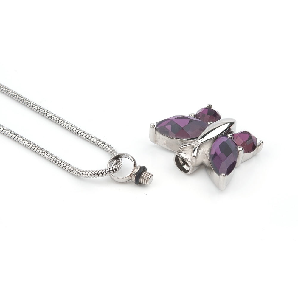 Anavia Steel Purple Crystal Butterfly Cremation Necklace Keepsake Urn Memorial Jewerly With Free Gift Box