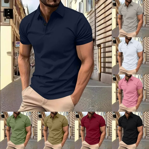 Elvqul Short Sleeve T-Shirts for Men Summer Polo with Collared Work Button up Plain Pullover V-Neck Mens Shirts
