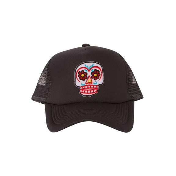 Candy Skull Patch Trucker Foam Panel Hat - Black