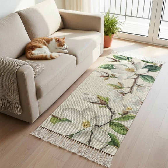 Retro Flowers Kitchen Runner Rug 2'x4', Farmhouse Leaf Branch Green Plants Washable Rug with Tassels, Non Slip Woven Cotton Bathroom Rugs Hallway Carpet for Foyer Bedroom Entry Back Door Decor