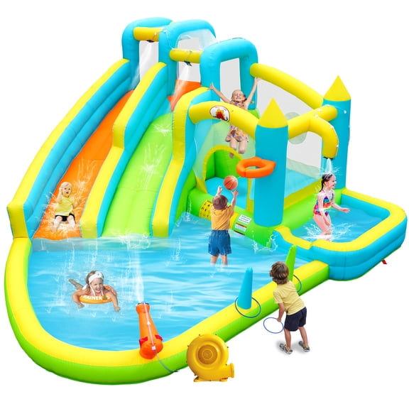 WELLFUNTIME Inflatable Water Slide for 5 Kids, Bounce House with Blower, Splashing Pool, Water Cannon, Water Park for Backyard Summer Fun