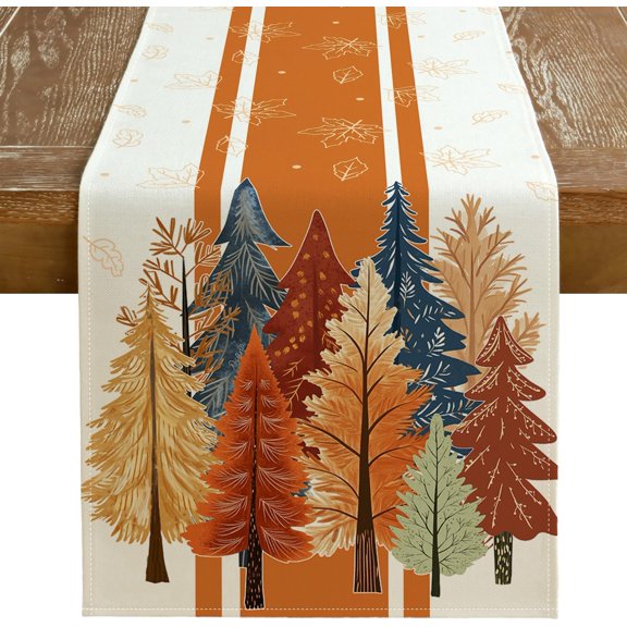 GEEORY Fall Watercolor Trees & Maple Leaves Striped Table Runner 13x72 Inch, Rustic Farmhouse Autumn Thanksgiving Decor for Kitchen, Dining, Indoor/Outdoor Holiday Dinner Party Orange GT157-72