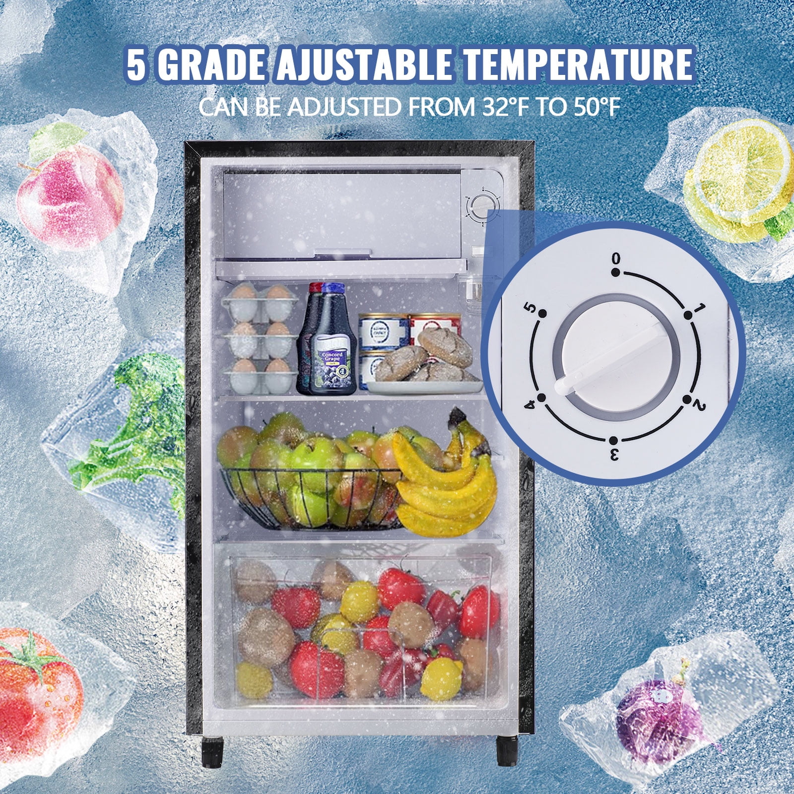 JIEJIA 3.2 Cu.ft. Mini Refrigerator with Top Freezer and 5 Temp Control Compact Small Fridge, Silver