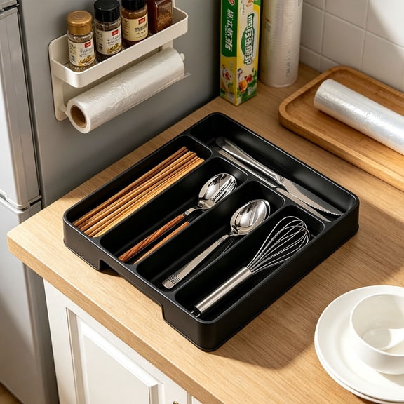 Silverware Drawer Organizer Tray, Cutlery Storage Holder With 5 Slot Divided Compartments, Plastic Kitchen Utensil Tray For Spoons Forks Knives
