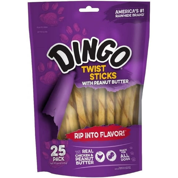 Dingo Twist Sticks with Peanut Butter, Rawhide Chews for All Dogs, Made with Real Chicken, 25 Count