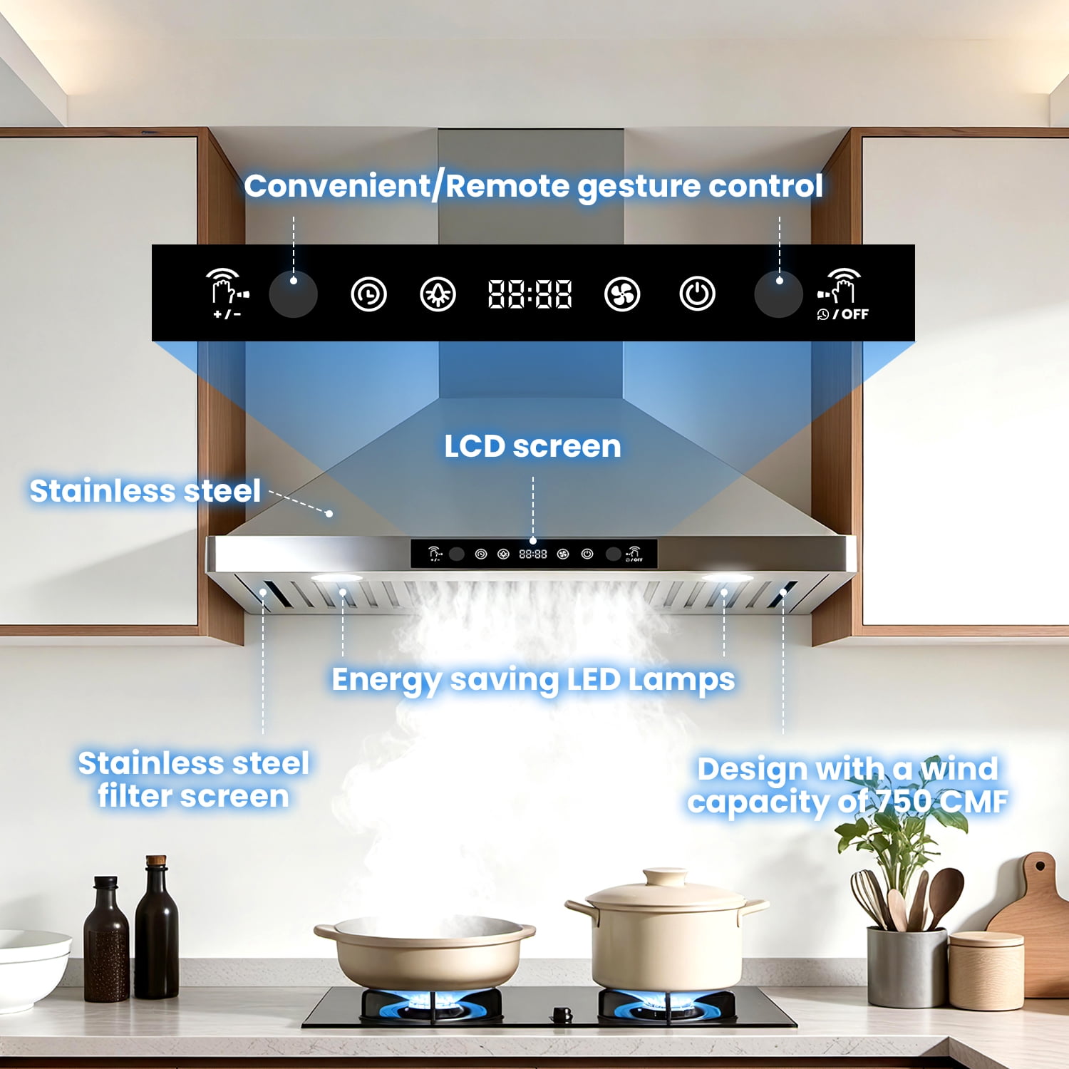 ICYBER BOOM 30 Inch Wall Mount Range Hood, 750 CFM Max Airflow Stainless Steel Kitchen Vent Hood with Gesture & Remote Control, 3 Speeds, 3-Min Delay, 66 dB, LED Lights, Includes Chimney, Carbon Filt
