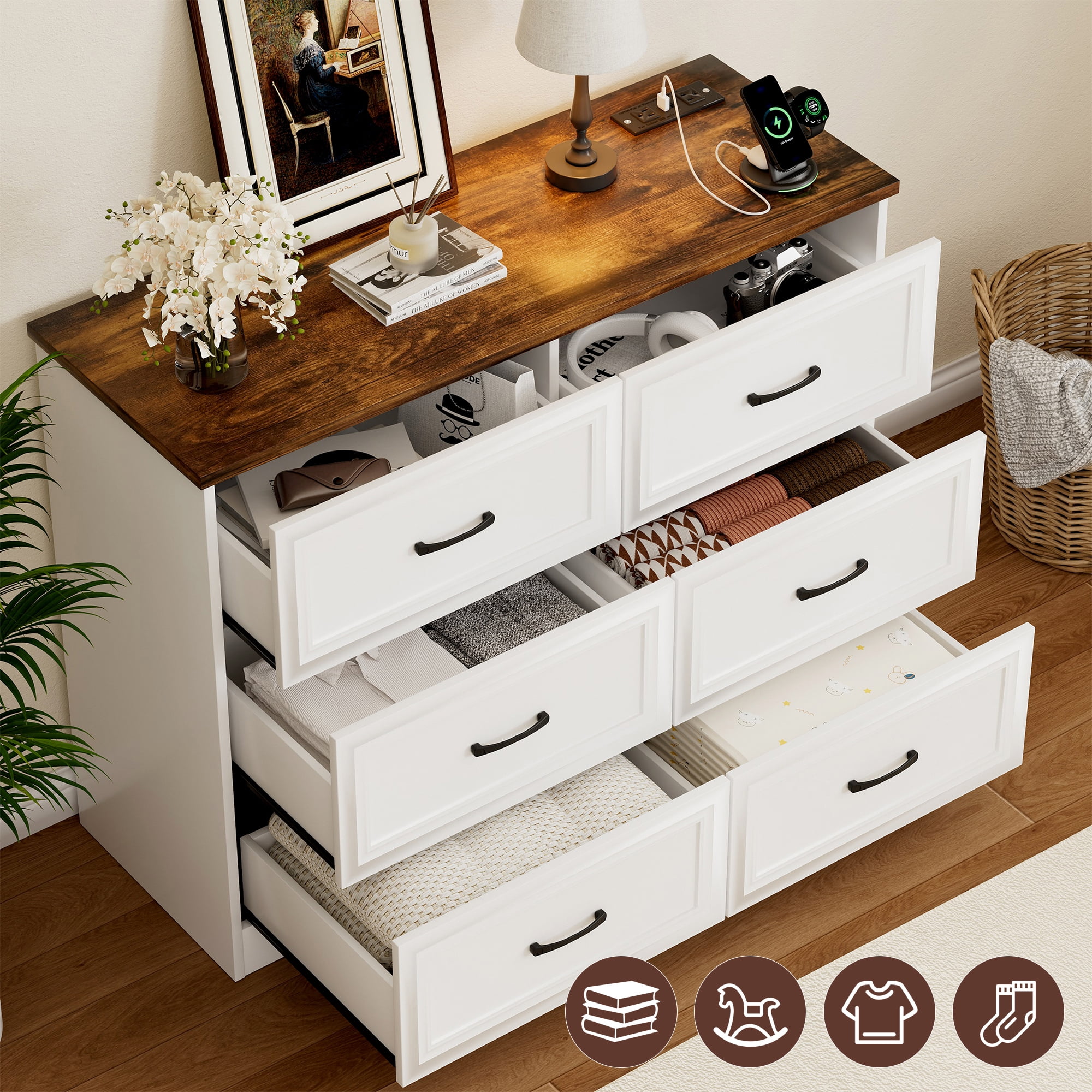 Vabches 6 Drawers Dresser with Charging Station for Bedroom, Wood Chest of Drawers, Farmhouse