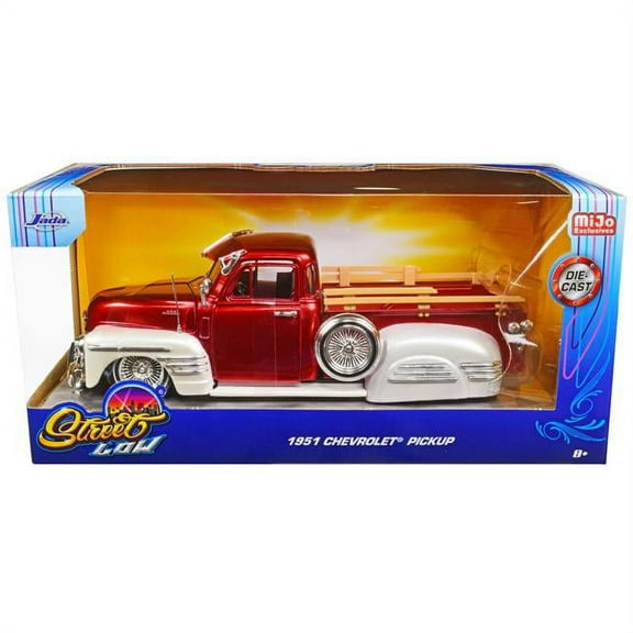 1951 Chevrolet 3100 Pickup Truck Lowrider Candy Red and White Metallic Street Low Series 1/24 Diecast Model Car by Jada