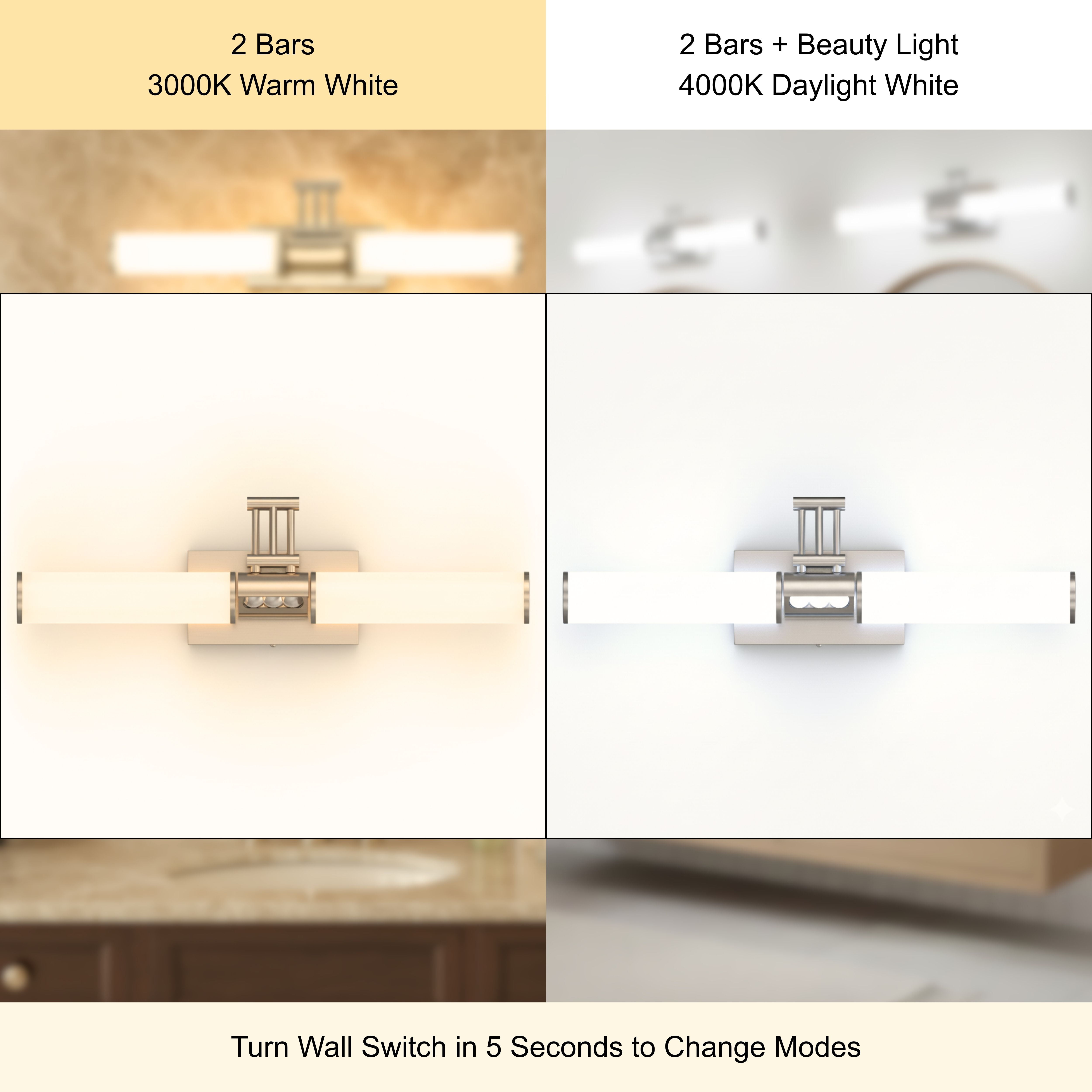 3-Light LED Vanity Light Bar for Bathroom and Makeup with 2CCT Selectable Dimmable Round Shade Brushed Nickel