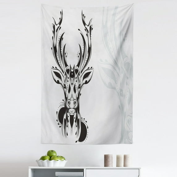 Antlers Tapestry, Tribal Deer Head Shadow Art Emblem Wilderness Ornamental Monochrome Art, Fabric Wall Hanging Decor for Bedroom Living Room Dorm, 5 Sizes, Pale Grey Black, by Ambesonne