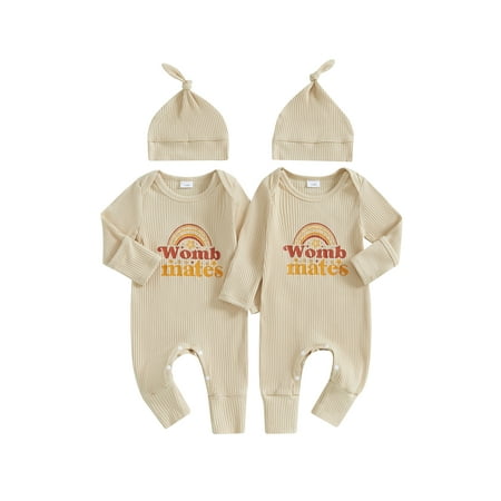 

Hirigin Baby Twin Sets Letter Rainbow Print Long Sleeve Ribbed Romper Hat