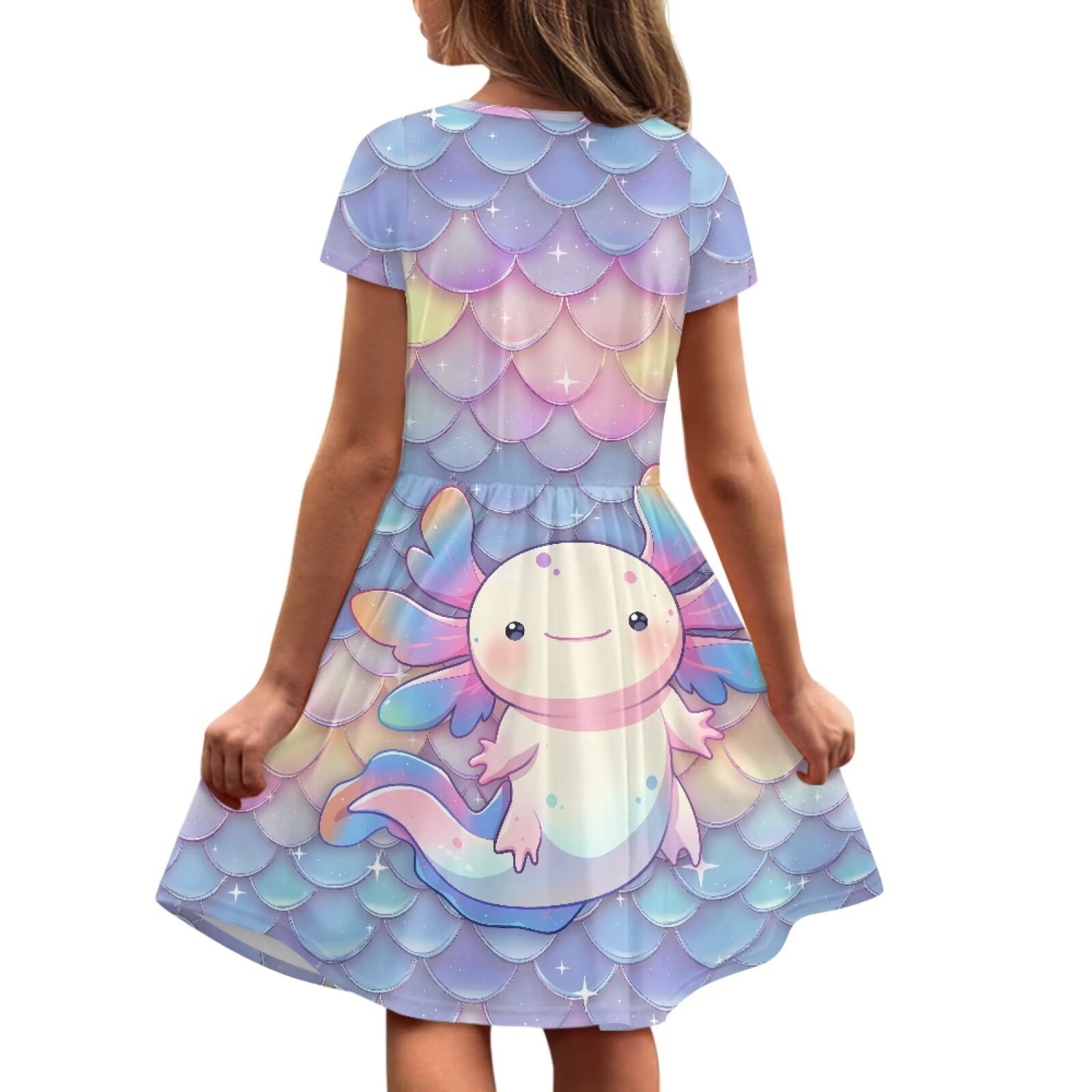 Uourmeti Girls Axolotl Dresses Size 5-6 Fish Scale Short Sleeve Swing Dress Summer Crewneck Midi Dresses Casual Soft Knee Length A-Line Dress with Pockets