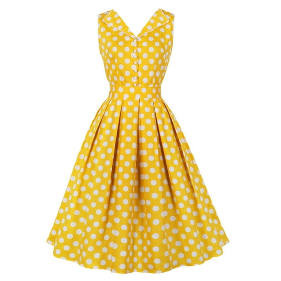 QLEICOM 1950's Dresses for Women Vintage, Sleeveless Hollow Mid-Length Dress, Formal Stretch Slim High Waist Swing Dress, Audrey Hepburn Style Party Dresses Yellow XL