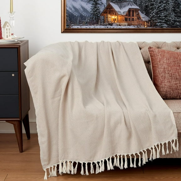 Del La Cassa Turkish Cotton Throw Blanket & Sand-Free Beach Towel, 60"x70" Boho Decorative Blanket for Couch, Bed, Sofa & Outdoor, Lightweight, Soft & Versatile, Light Brown