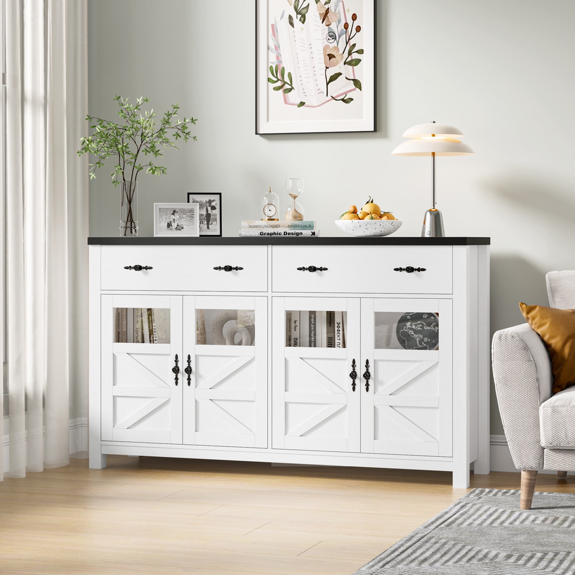 Homfa 55.1" Farmhouse Buffet Cabinet with Storage Drawer & Adjustable shelf, Kitchen Storage Cabinet with 4 Glass Door, Large Wood Sideboard Credenza for Dining Room, White & Black
