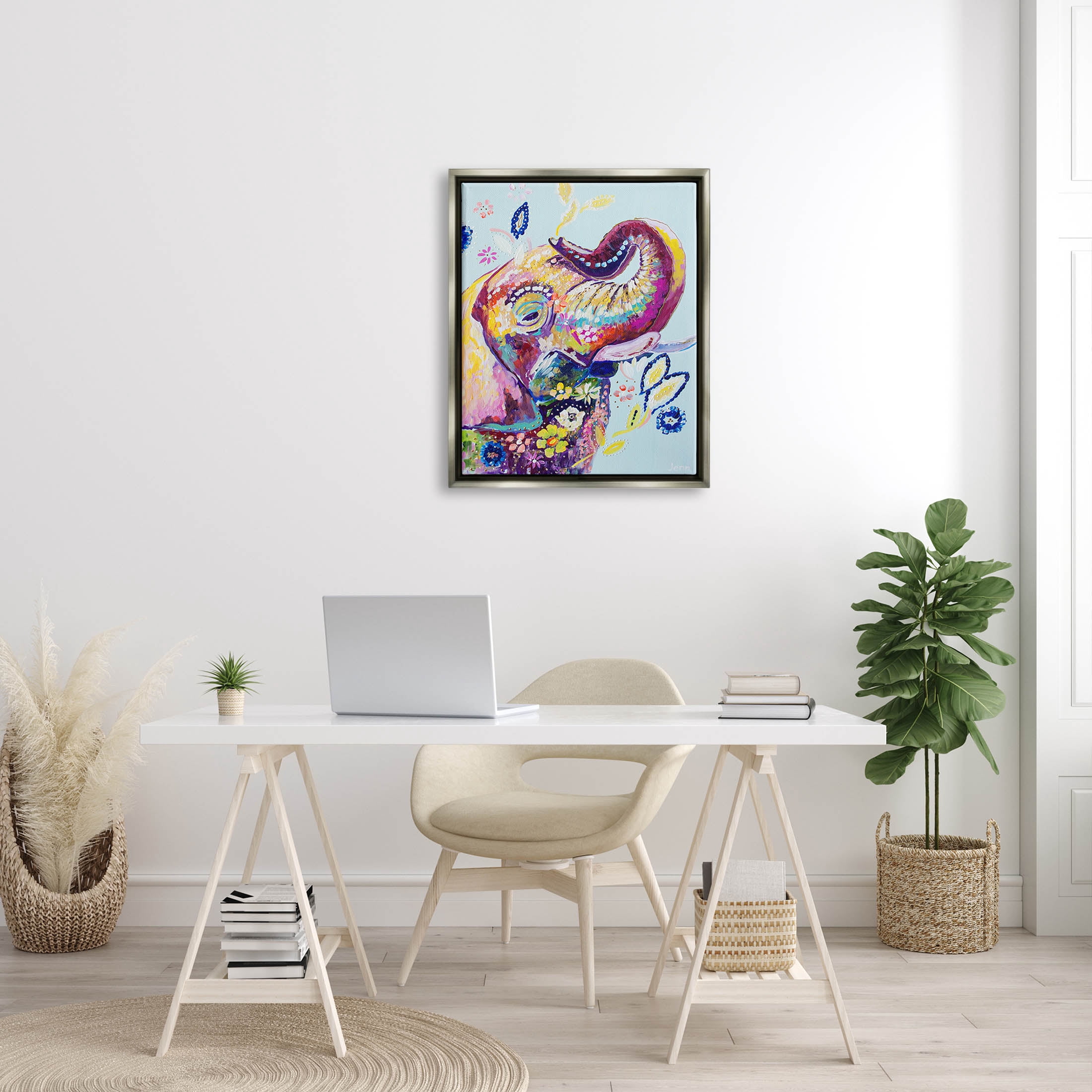 Floral Pattern Fun Elephant Animals & Insects Painting Luster Gray Framed Art Print Wall Art
