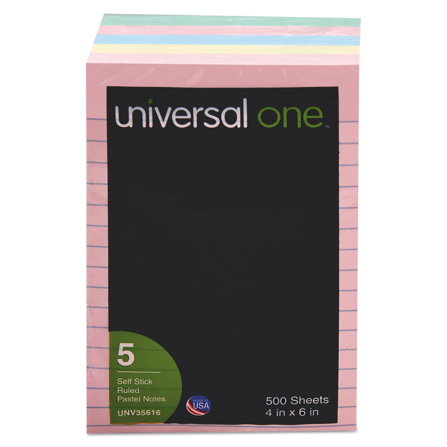 Universal 35616 Self-Stick Note Pads Lined Pack of 5 100-Sheet Assorted Pastel Colors 4 x 6 