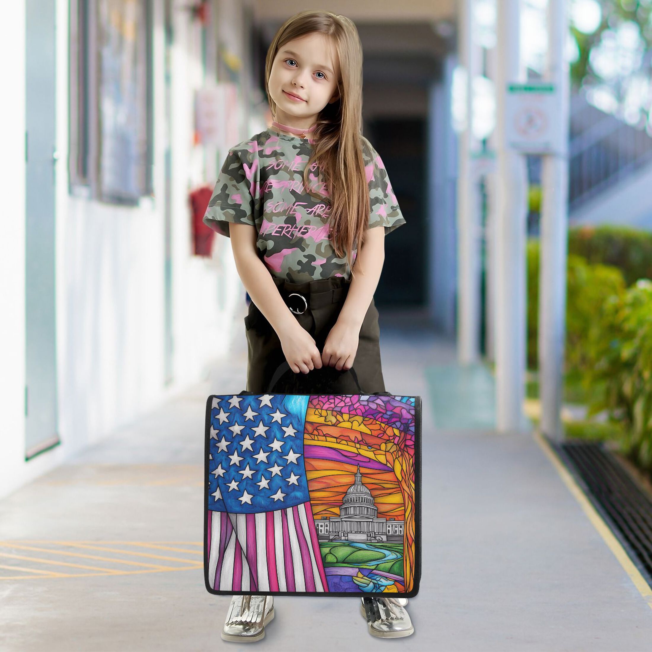 3 Ring Zipper Binder with Shoulder Strap Waterproof Trapper Keeper 2 Inch D-Ring 500 Sheets Capacity American Flag and White House