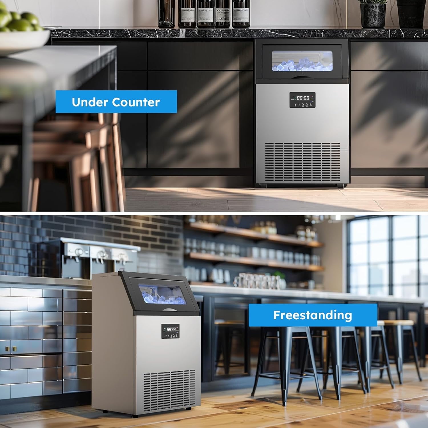 QAUSOU Commercial Ice Maker, 150Lbs/24H Under Counter Ice Machine 50 LBS Storage Bin 400W Compressor Freestanding Ice Maker Machine,Thicknesses Adjustable