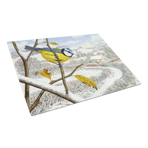 Caroline's Treasures Winter Eurasian Blue Tit Glass Cutting Board Large