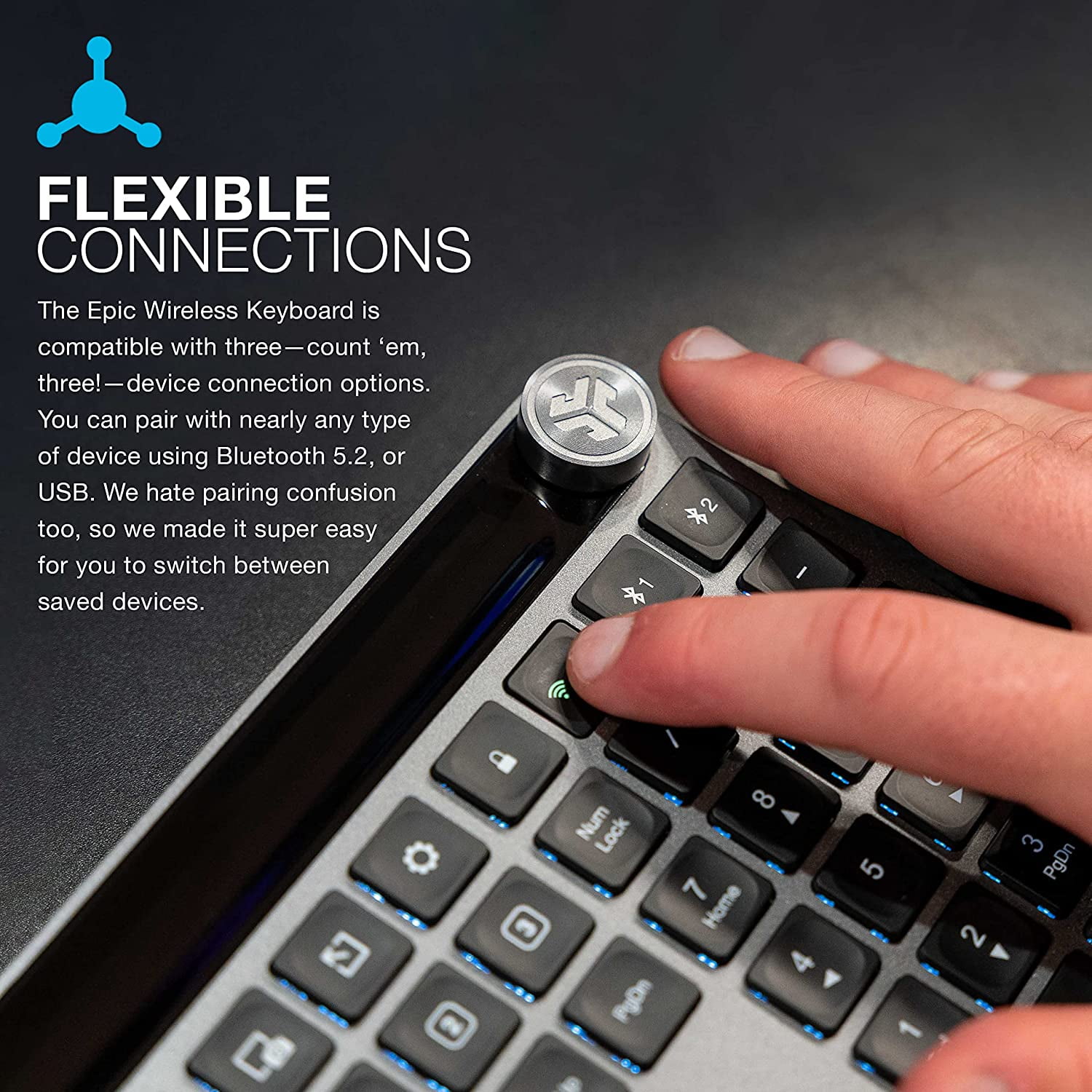 JLab Epic Keyboard, Media Volume Knob, 2.4 GHz Wireless, Bluetooth 5.2, QWERTY, Customizable Buttons, Rechargeable, iOS, PC, Android, Chome OS, Black