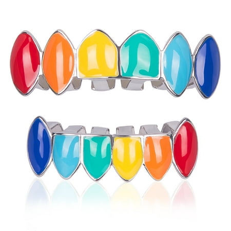 Rainbow Hip Hop 18K Gold Plated Grillz Silver for Men Cool Mouth Grill Funny Finish Grills Teeth for women 6 Top Teeth 6 Bottom Tooth Custom Tooth Cap Set