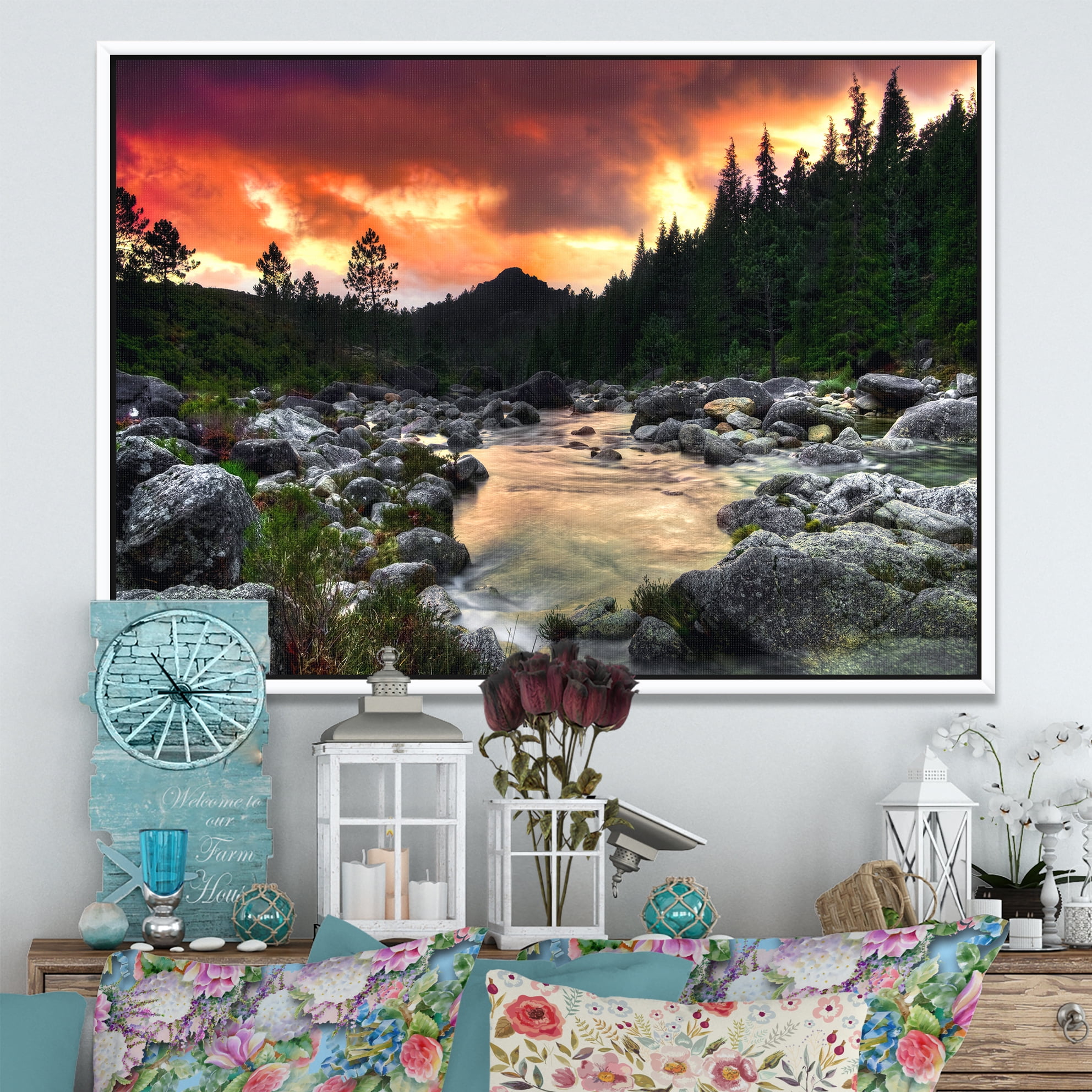 Designart ' Rocky Mountain River at Sunset ' Landscape Framed Canvas Art