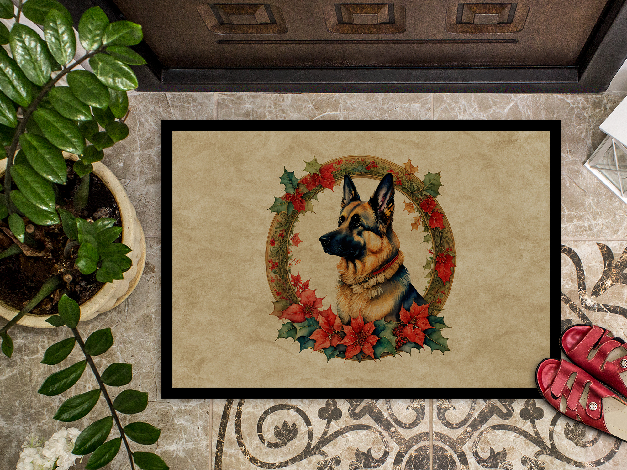 Carolines Treasures DAC2367MAT 18 x 27 in. Unisex German Shepherd Christmas Flowers Doormat