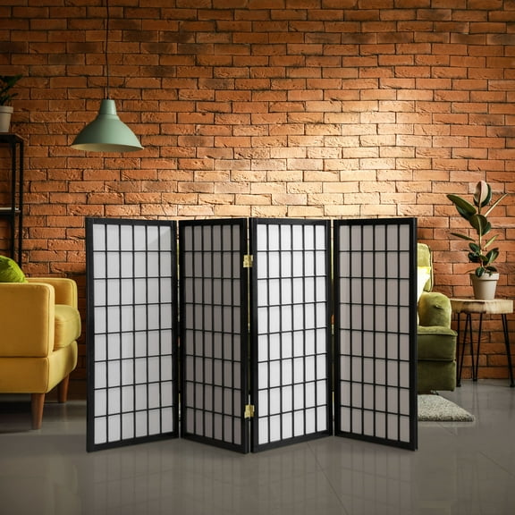 3 ft. Tall Classic Japanese Window Pane Lattice Privacy Screen - Black - 4 Panels