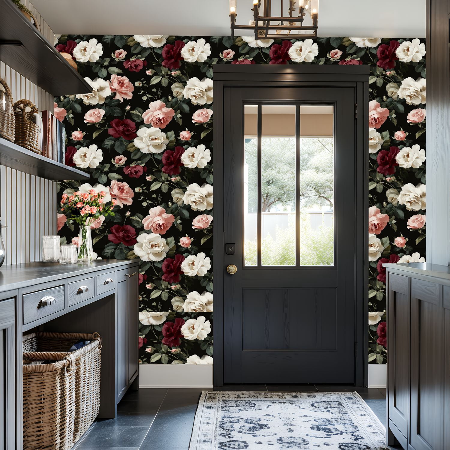 Peel and Stick Wallpaper Vintage Floral White Pink Red Roses Black Wall Mural 17.7in x 9.8ft Self Adhesive Removable Wall Paper Renter Friendly Wallpaper for Nursery Bedroom Cabinets