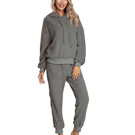 

Grianlook Women Pajamas Sets Elastic Waist Nightwear Drawstring Sleepwear Ladies Baggy Hoodies And Pant Loose Fuzzy Fleece Lounge Set Deep Gray XL