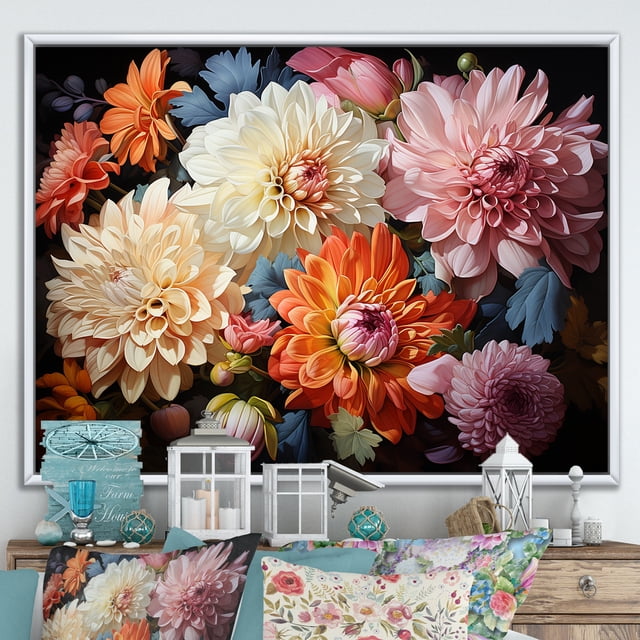 Designart Multi-Color Traditional White Framed Wall Art, Mums framed wall Art, In Full Bloom Captivating Mums I , Mums framed wall art decor, 44x34 inches White Color Frame
