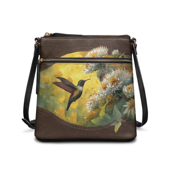 LedBack Hummingbird Daisy Print Crossbody Purses Women Hobo Bag Satchel Purse Leather Shoulder Bags with Adjustable Strap, Multi Pocket Purses for Women Messenger Bag, Brown and Green