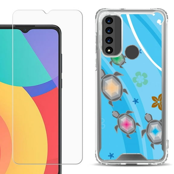 Shockproof Bumper Phone Case for TCL 20 XE, with Tempered Glass Screen Protector, by OneToughShield ® - Happy Turtle