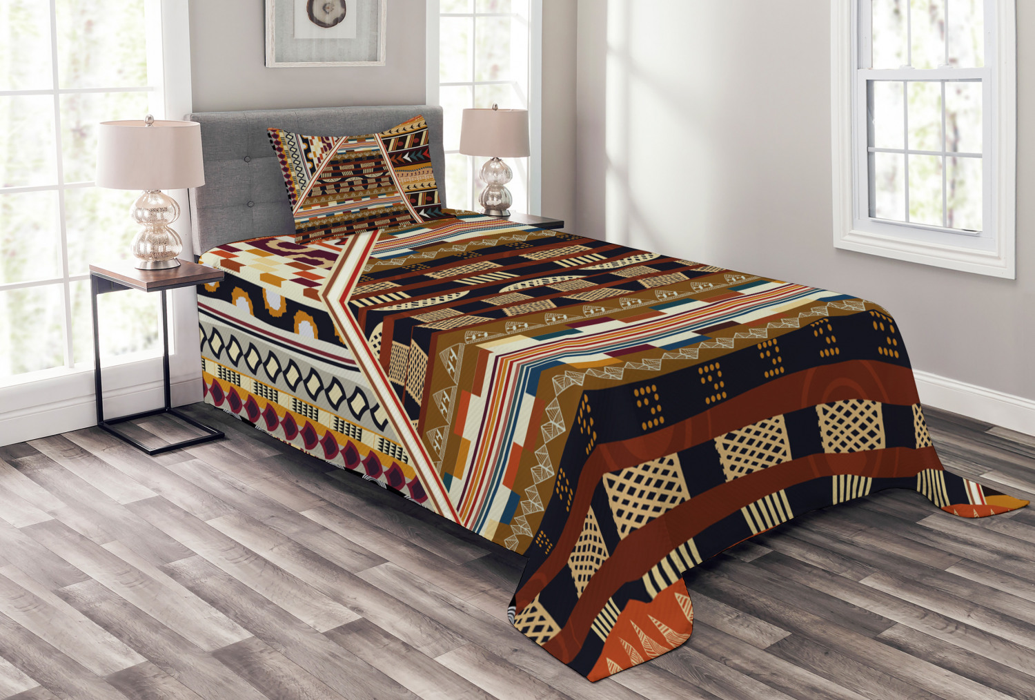 Tribal Bedspread Set, Various Abstract Geometrical Motifs Folkloric