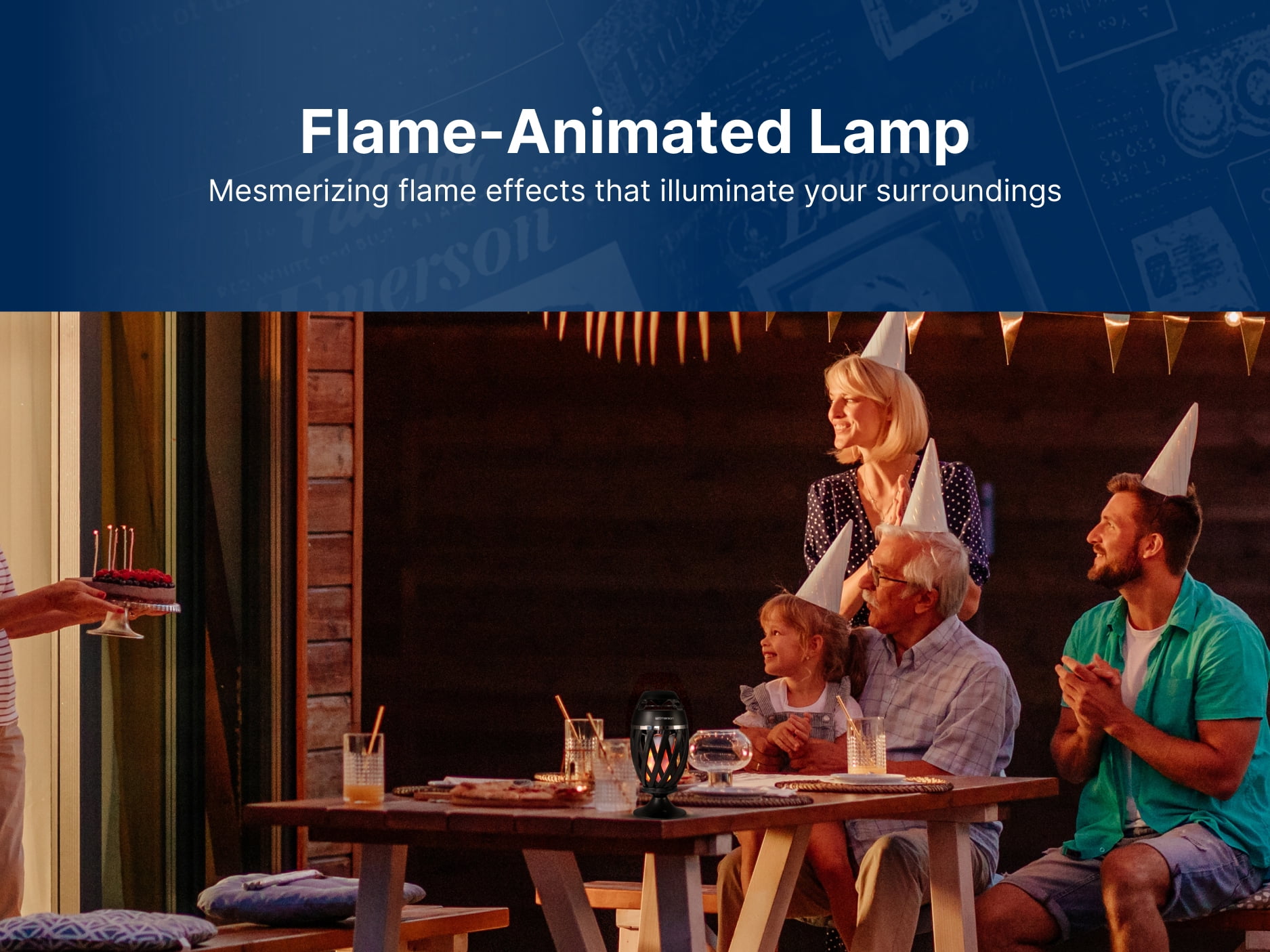 Emerson EAS-4000 Outdoor Flame Lamp with Bluetooth Speaker – Wireless Portable Speaker with Flickering Flame Light, Built-in Rechargeable Battery, and 360° Sound for Patio, Yard, Camping, and Parties