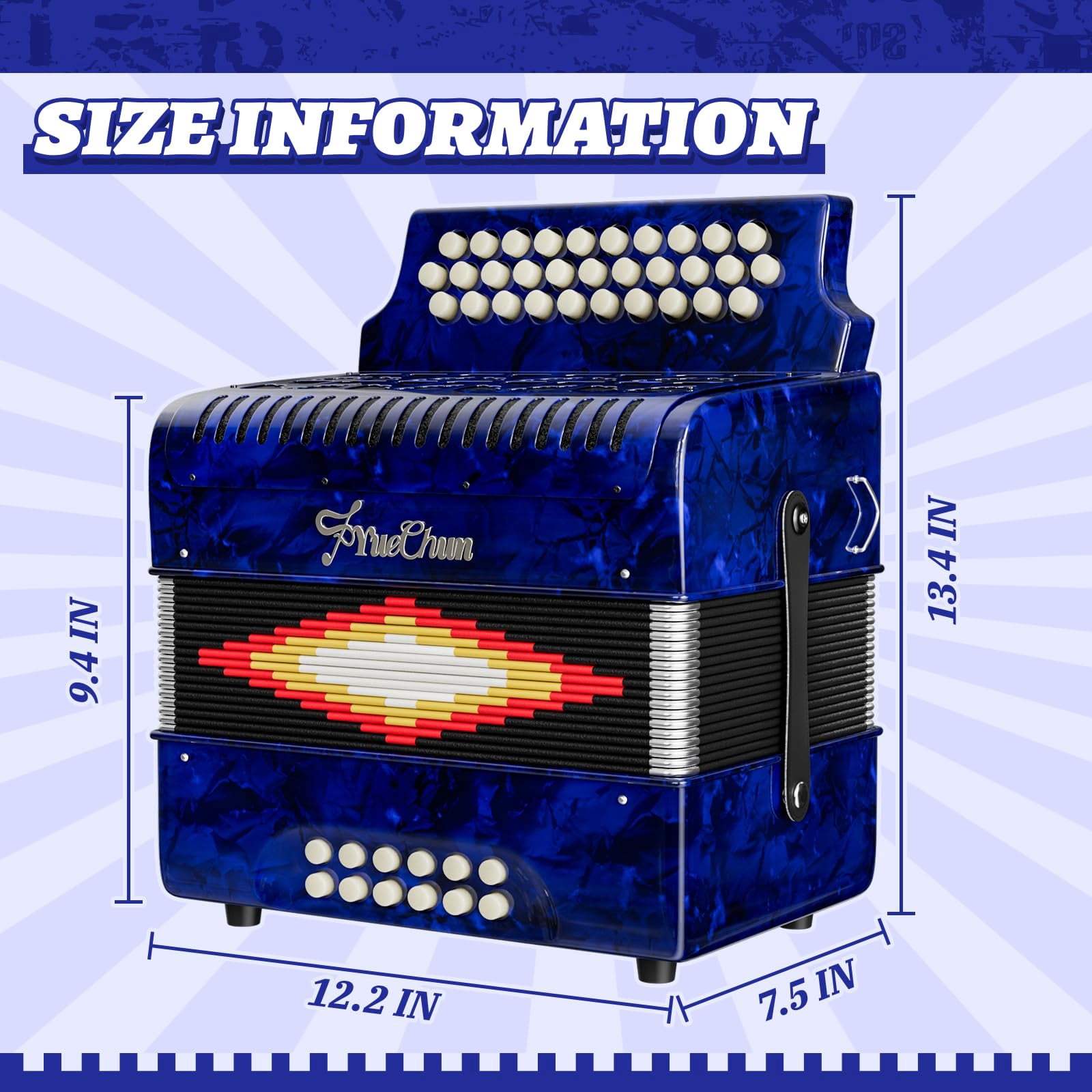 YueChun Accordion, 31 Keys 12 Bass G/C/F Diatonic Button Accordion , Portable Professional Button Accordion with Case (Blue)