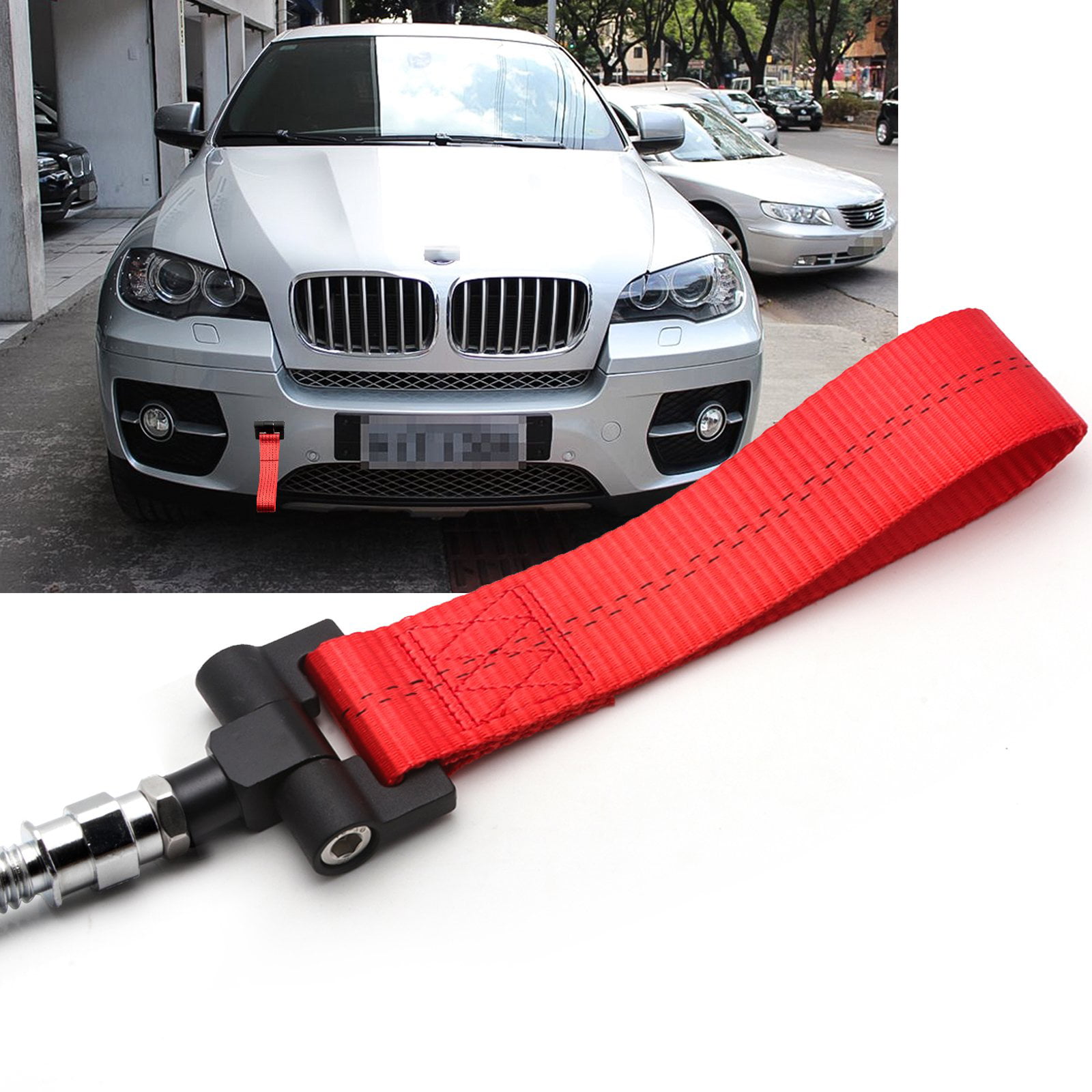Xotic Tech Red JDM Style Tow Hole Adapter with Towing Strap for