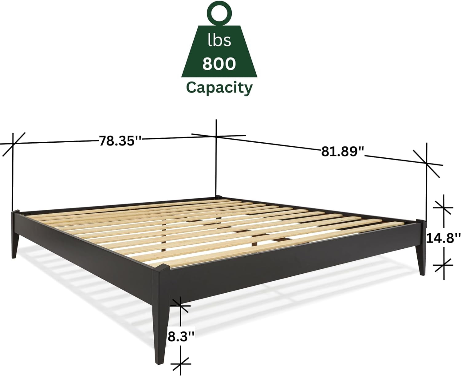 Dinkee King Platform Bed Frame Wood 15 Inch - Solid Wood Bed Frame - Modern & Minimalist Style - 12 Strong Wood Slat Support - Easy Assembly - No Box Spring Needed - Black