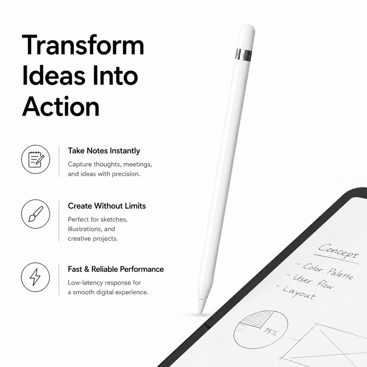 Apple Pencil (1st Generation) for iPad – Stylus with Lightning Connector, Precision Writing, White
