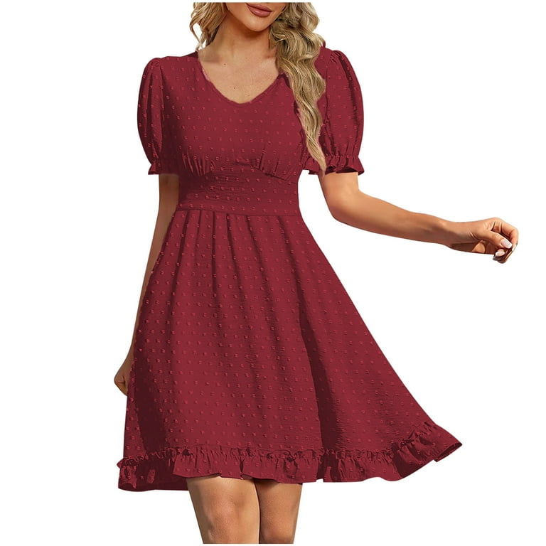 PIMOXV Casual Dresses for Women Summer Solid Color Pom Pom V Neck Short  Puff Sleeve Ruffle Flowy Swing Tunic Midi Dress Womens Tights for Dresses 