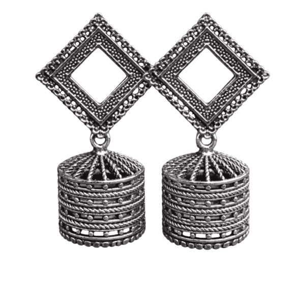 Oxidized Silver Geometric Jhumka Earrings – Traditional Ethnic Boho Statement Jewelry for Women, Vintage Indian Festive Party Wear Accessory
