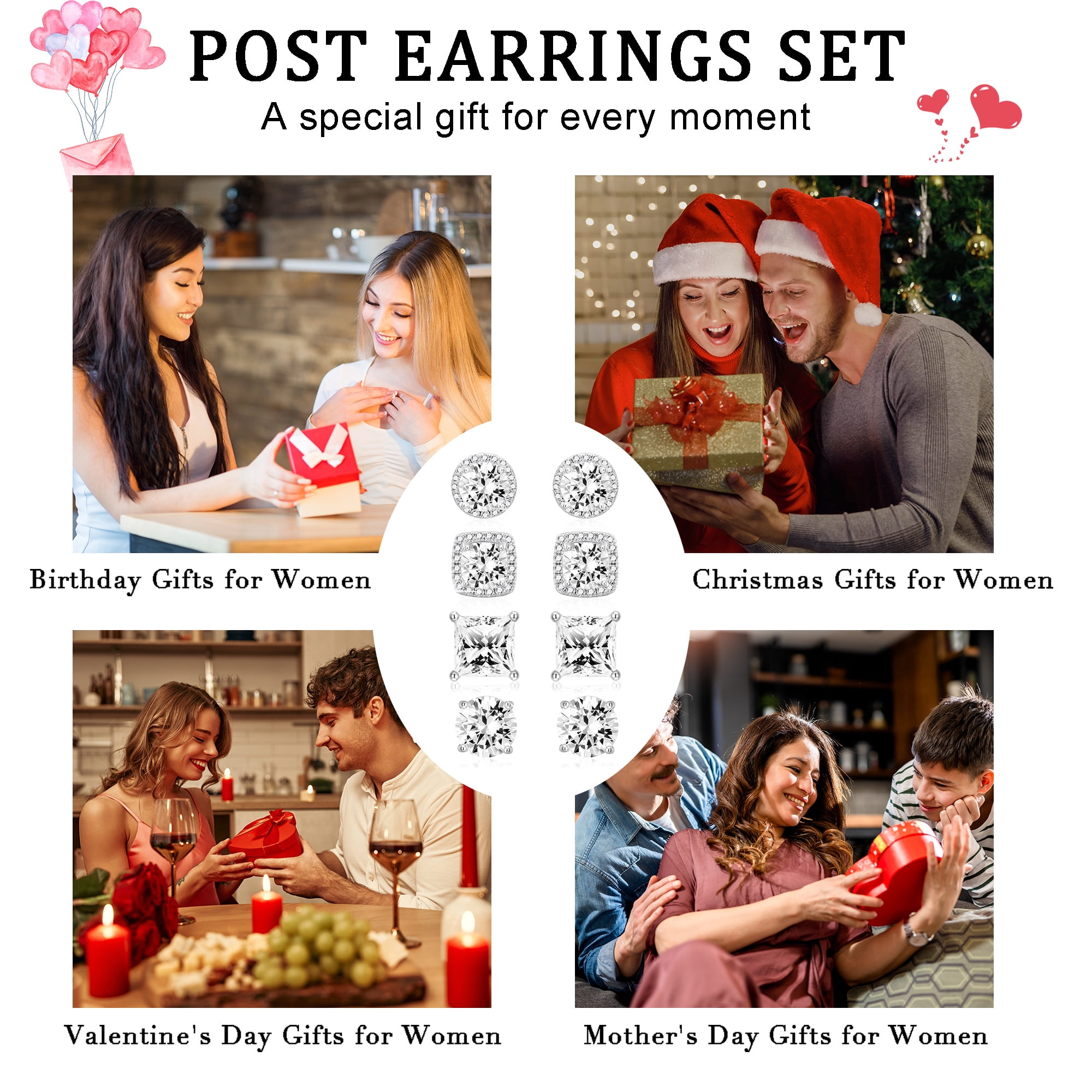 APSVO 4 Pairs 18K White Gold Plated Halo Stud Earrings for Women Men CZ Hypoallergenic S925 Sterling Silver Post Earrings Set Birthday Graduation Jewelry Gifts Mom Her Him Teen Wife Adult