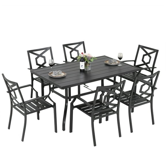Nuu Garden Outdoor 7-Piece Dining Set, 61'' x 37'' Rectangle Table with 1.57'' Umbrella Hole, 6 Iron Dining Chairs, Weather-Resistant Iron Frame, for Indoors and Outdoors, Black