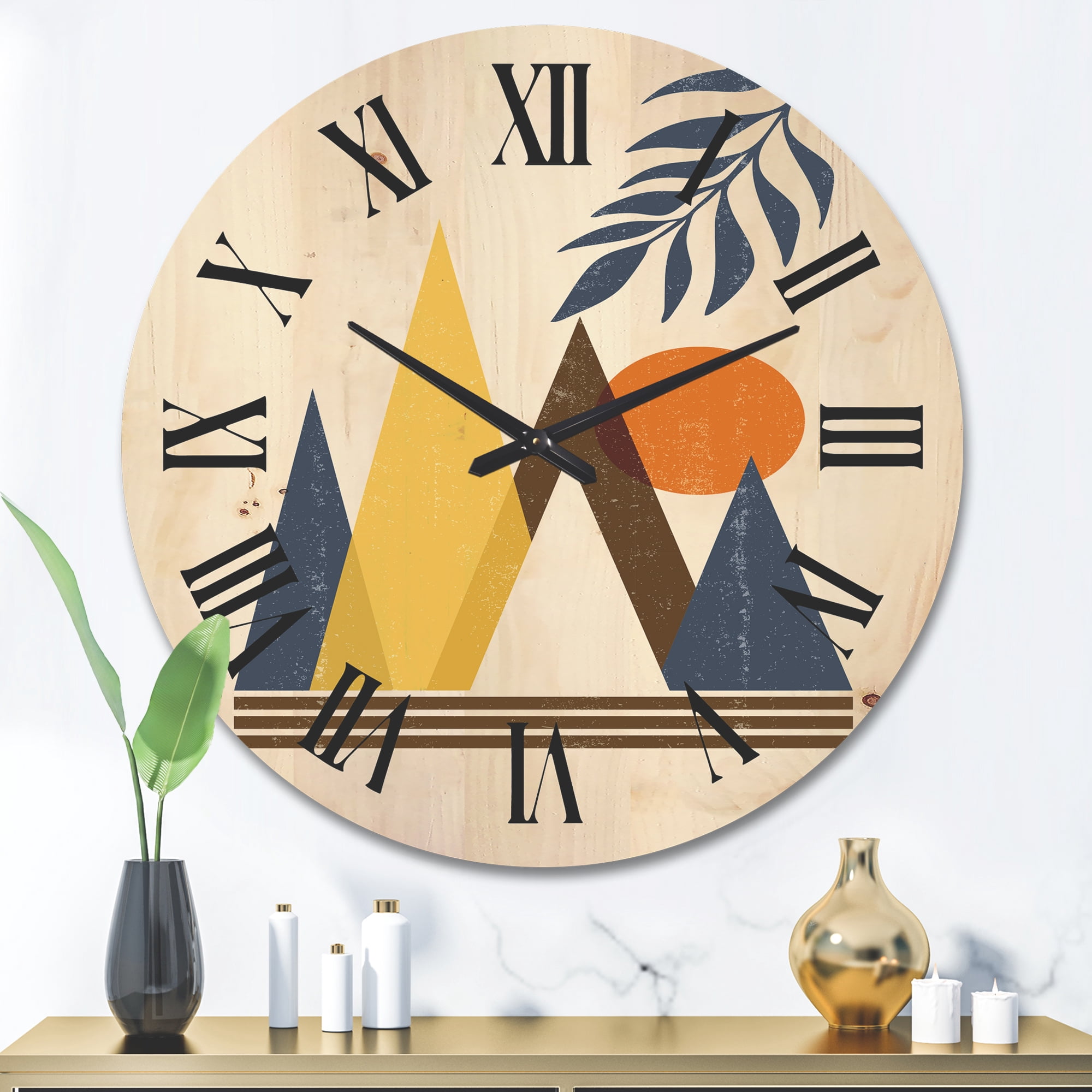 Designart 'Abstract Moon and Sun In Mountains I' Modern Wood Wall Clock