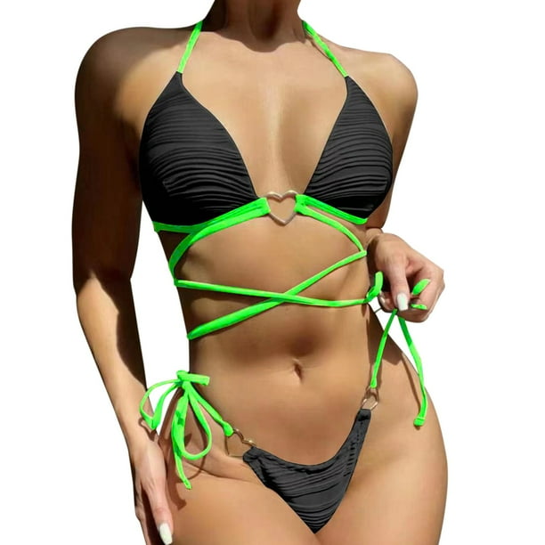 Gibobby Conjunto de Bikini para Mujer Mujeres Sexy Love Draw Cuerda Correa Con Copa Reunir Bikini Traje de baño separado Traje de baño Conjunto de bikini(Negro,G)