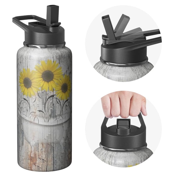 32oz Adventure Pro Sunflowers Themed Water Bottle Triple Walled Insulated Stainless Steel With Straw Leak Proof