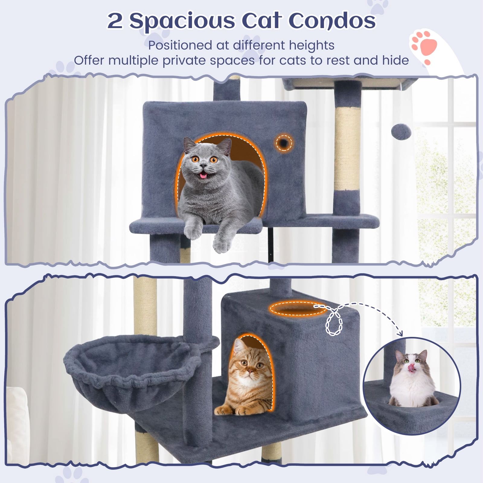 Gymax 80'' Tall Cat Tree w/2 Condos Sisal Scratching Posts Plush Perch Hammock Basket Dark Gray